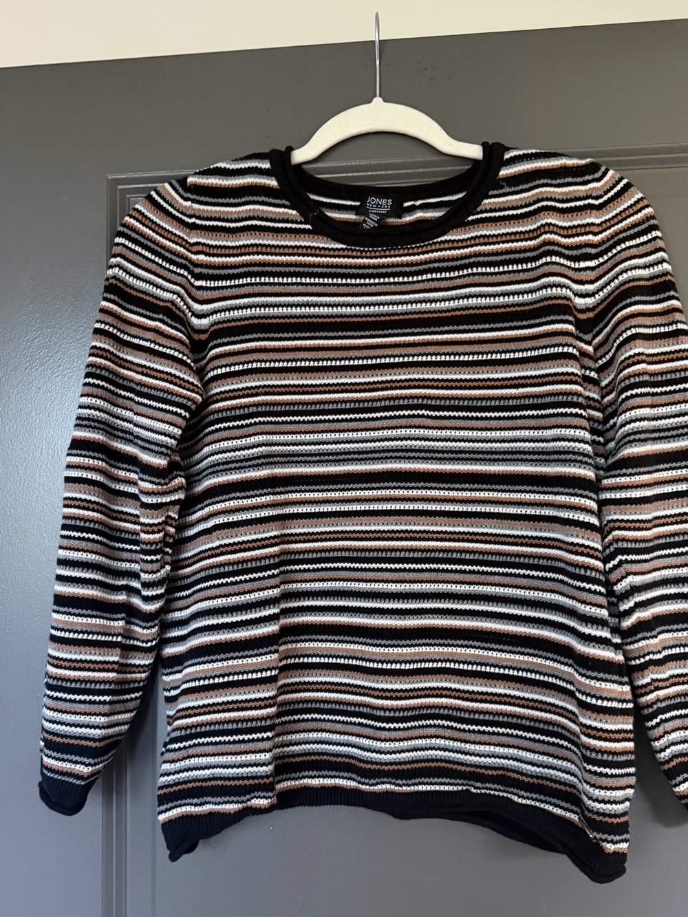 Jones New York Striped Crewneck Sweater in Black, White & Brown